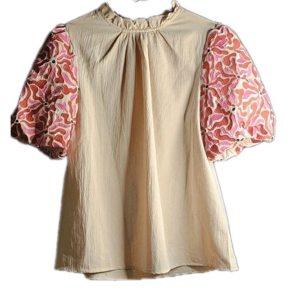 Entro Womens Small Embroidered Puff Sleeve Blouse Cream Pink Floral Boho